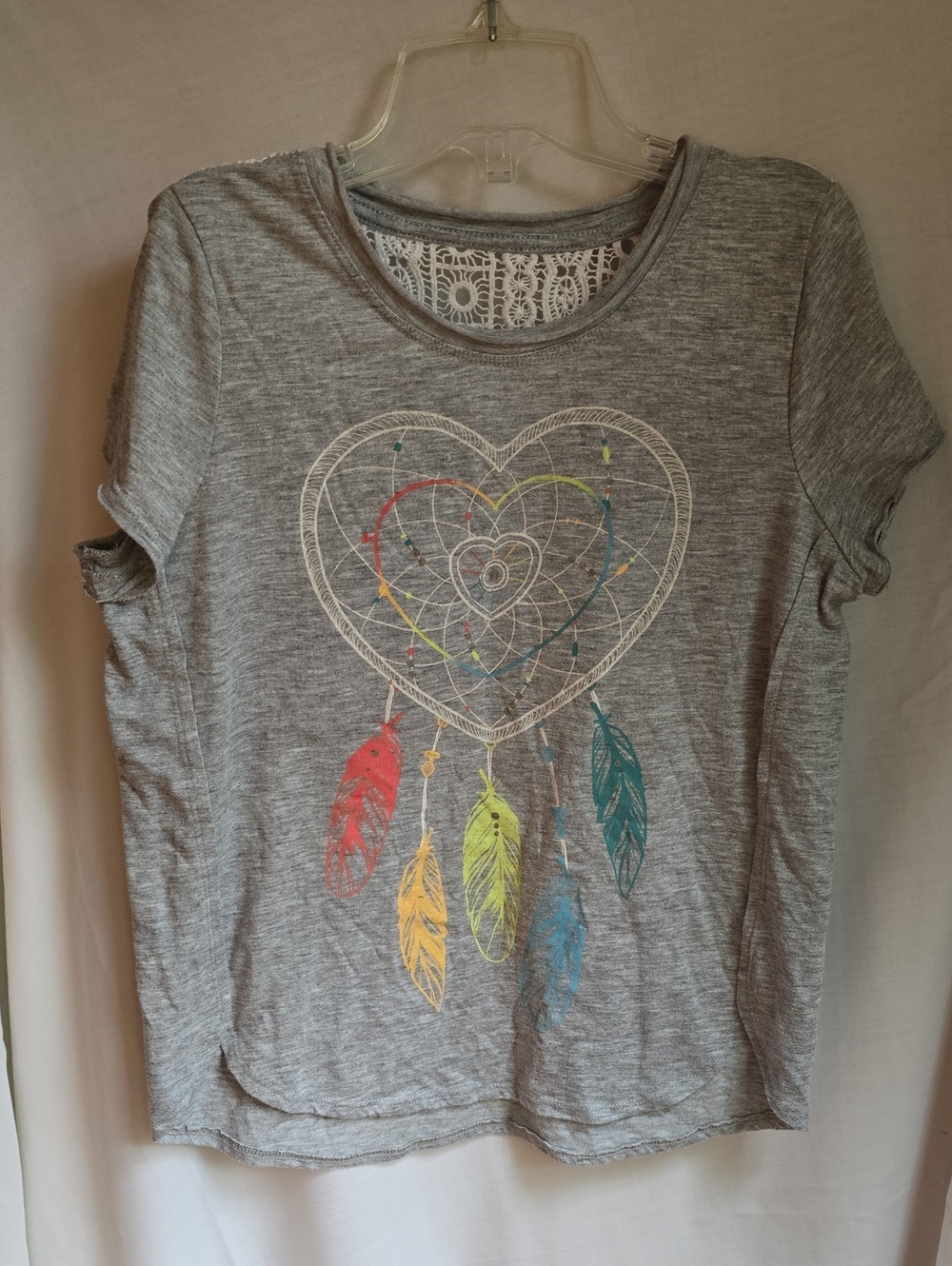Mudd Grey Tee with Heart Dreamcatcher and Multicolor Feathers